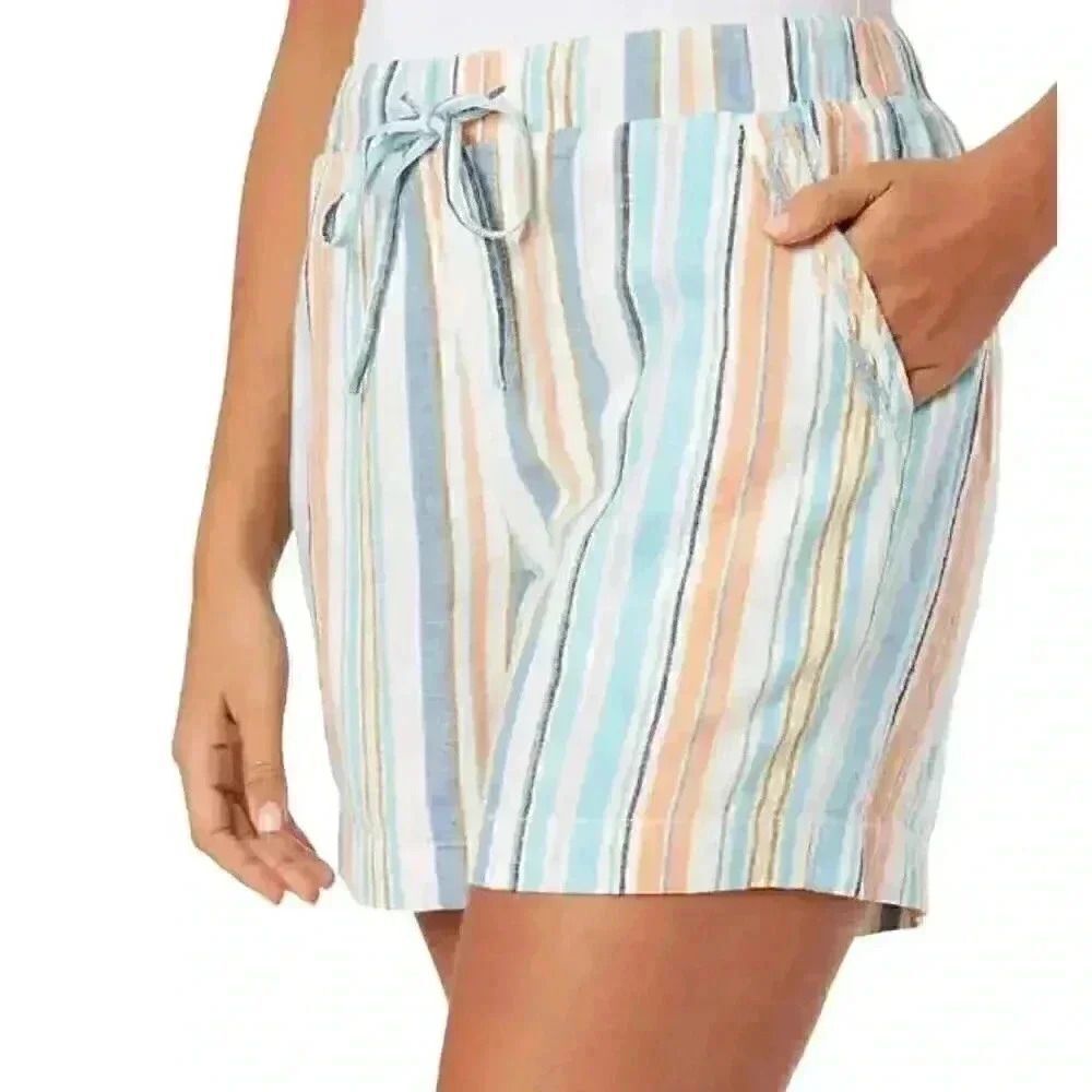 Briggs Women's White/Aqua/Orange Linen/Rayon Drawstring Cuffed Shorts w Pockets